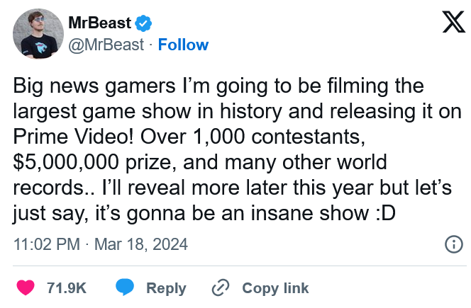 MrBeast耗资500万美元为Prime Video制作的真人游戏节目将超越《鱿鱼游戏》 - 美剧 - cnBeta.COM